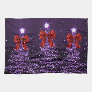 Christmas Sparkling Trees Purple Faux Red Bow  Kitchen Towel