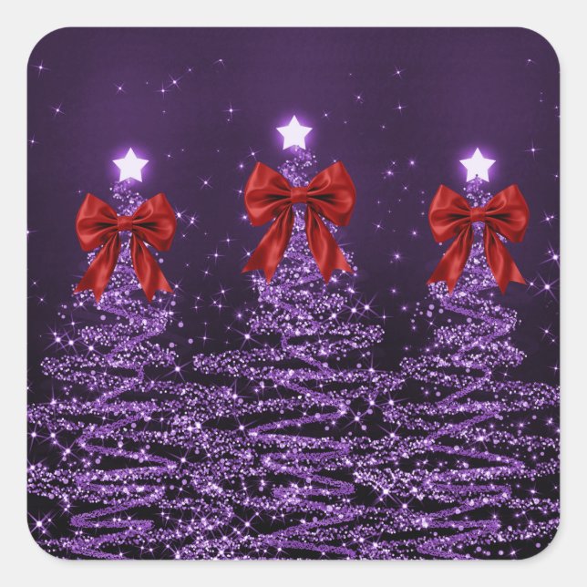Christmas Sparkling Trees Purple Faux Red Bow  Square Sticker (Front)