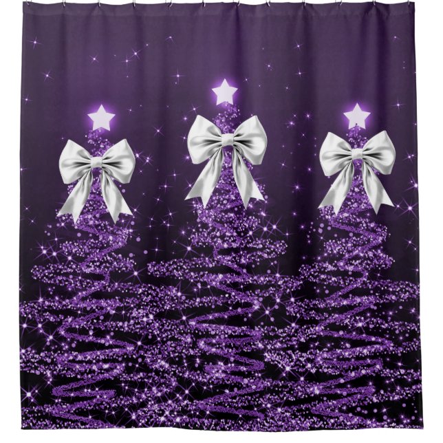 Christmas Sparkling Trees Purple Faux Silver Bow  (Front)
