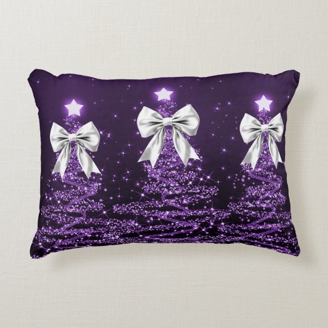 Christmas Sparkling Trees Purple Faux Silver Bow  Accent Pillow (Front)