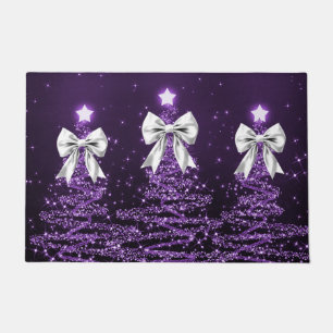 Christmas Sparkling Trees Purple Faux Silver Bow Doormat