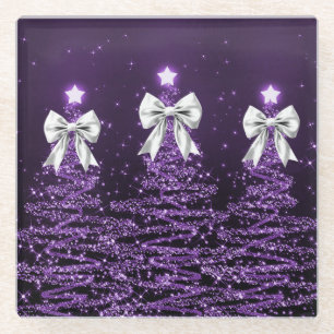 Christmas Sparkling Trees Purple Faux Silver Bow Glass Coaster