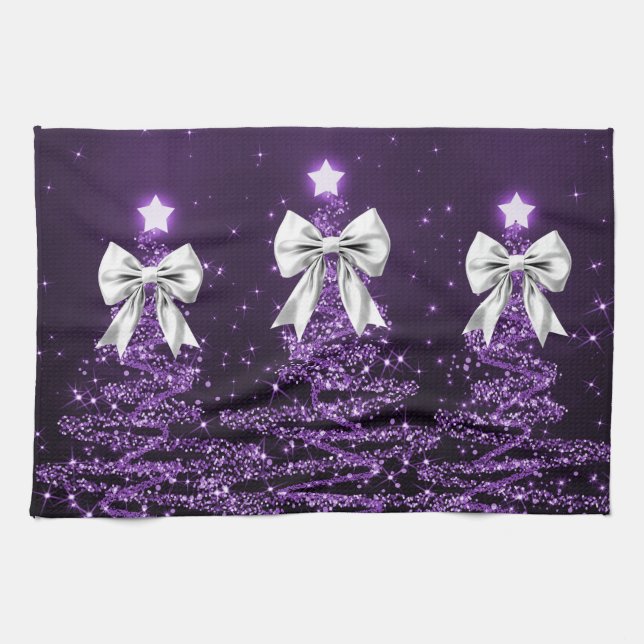 Christmas Sparkling Trees Purple Faux Silver Bow  Kitchen Towel (Horizontal)