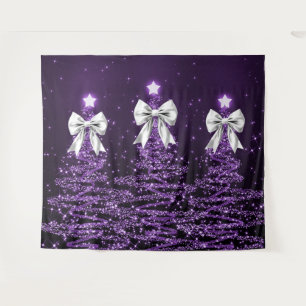 Christmas Sparkling Trees Purple Faux Silver Bow  Tapestry