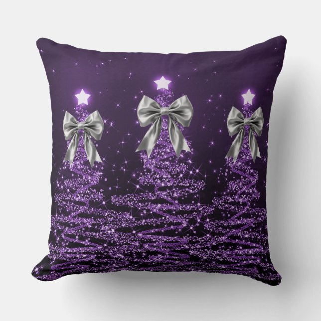 Christmas Sparkling Trees Purple Faux Silver Bow  Throw Pillow (Front)