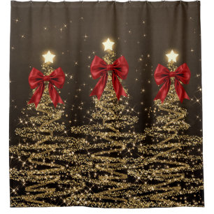 Christmas Sparkling Trees Red Gold Faux Bow 