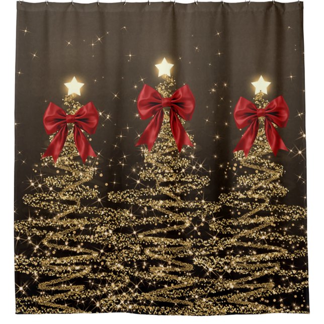 Christmas Sparkling Trees Red Gold Faux Bow  (Front)