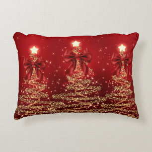 Christmas Sparkling Trees Red Gold Faux Bow Accent Pillow