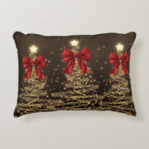 Christmas Sparkling Trees Red Gold Faux Bow  Accent Pillow