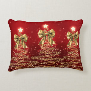 Christmas Sparkling Trees Red Gold Faux Bow  Accent Pillow