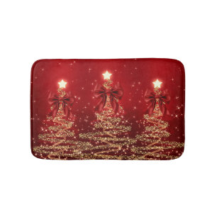 Christmas Sparkling Trees Red Gold Faux Bow  Bath Mat