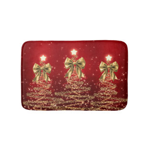 Christmas Sparkling Trees Red Gold Faux Bow  Bath Mat