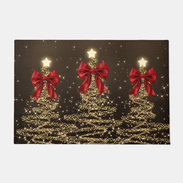 Christmas Sparkling Trees Red Gold Faux Bow  Doormat (Front)