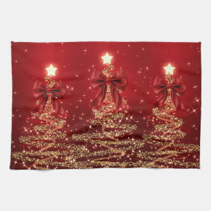 Christmas Sparkling Trees Red Gold Faux Bow Kitchen Towel