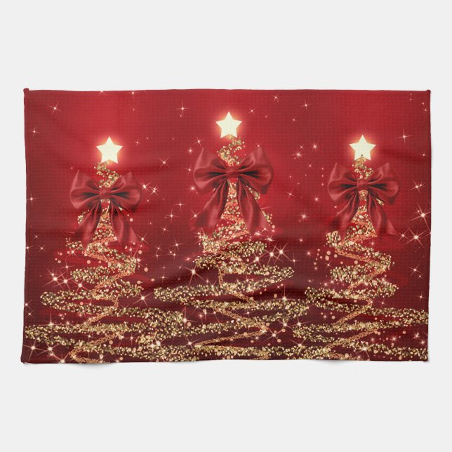 Christmas Sparkling Trees Red Gold Faux Bow  Kitchen Towel (Horizontal)