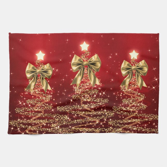Christmas Sparkling Trees Red Gold Faux Bow  Kitchen Towel (Horizontal)