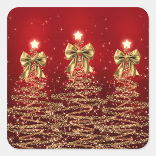 Christmas Sparkling Trees Red Gold Faux Bow  Square Sticker
