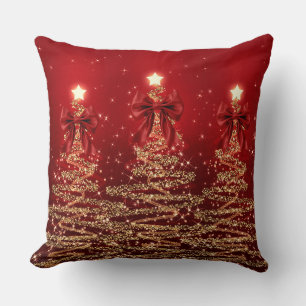 Christmas Sparkling Trees Red Gold Faux Bow  Throw Pillow