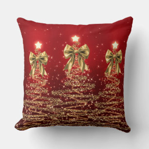 Christmas Sparkling Trees Red Gold Faux Bow  Throw Pillow