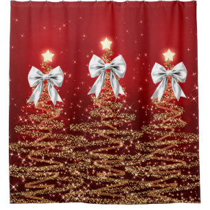 Christmas Sparkling Trees Red Gold Silver Bow 