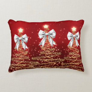 Christmas Sparkling Trees Red Gold Silver Bow  Accent Pillow