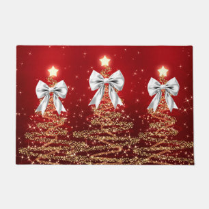 Christmas Sparkling Trees Red Gold Silver Bow Doormat