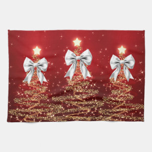 Christmas Sparkling Trees Red Gold Silver Bow Kitchen Towel