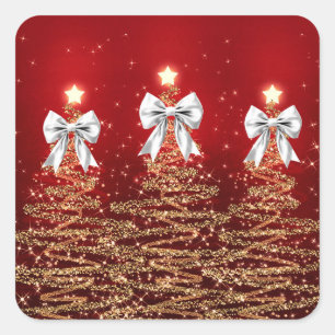 Christmas Sparkling Trees Red Gold Silver Bow  Square Sticker