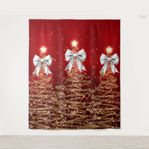 Christmas Sparkling Trees Red Gold Silver Bow  Tapestry