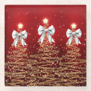 Christmas Sparkling Trees Red Silver Faux Bow  Glass Coaster