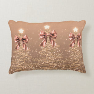 Christmas Sparkling Trees Rose Gold Faux Bow  Accent Pillow