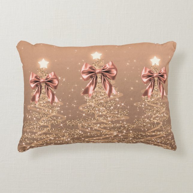 Christmas Sparkling Trees Rose Gold Faux Bow  Accent Pillow (Front)