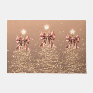 Christmas Sparkling Trees Rose Gold Faux Bow  Doormat