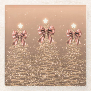 Christmas Sparkling Trees Rose Gold Faux Bow Glass Coaster