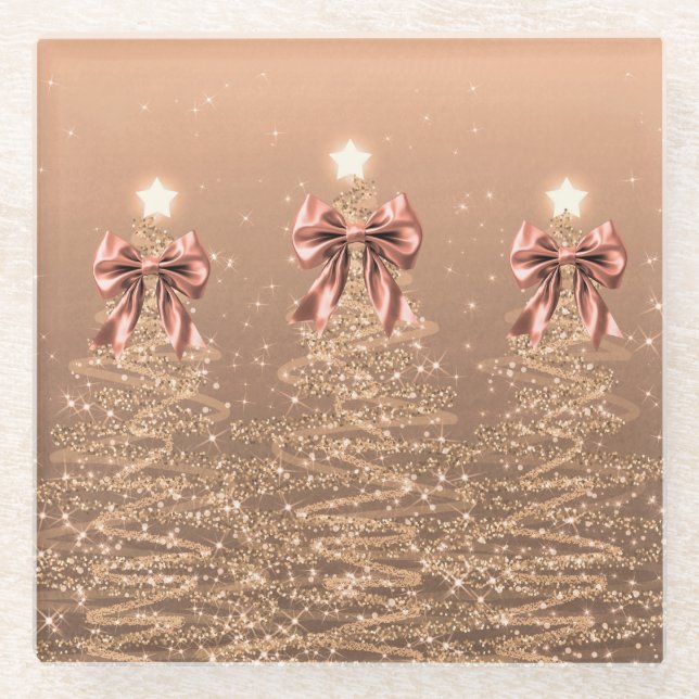 Christmas Sparkling Trees Rose Gold Faux Bow  Glass Coaster (Front)