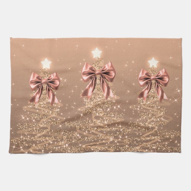 Christmas Sparkling Trees Rose Gold Faux Bow  Kitchen Towel (Horizontal)
