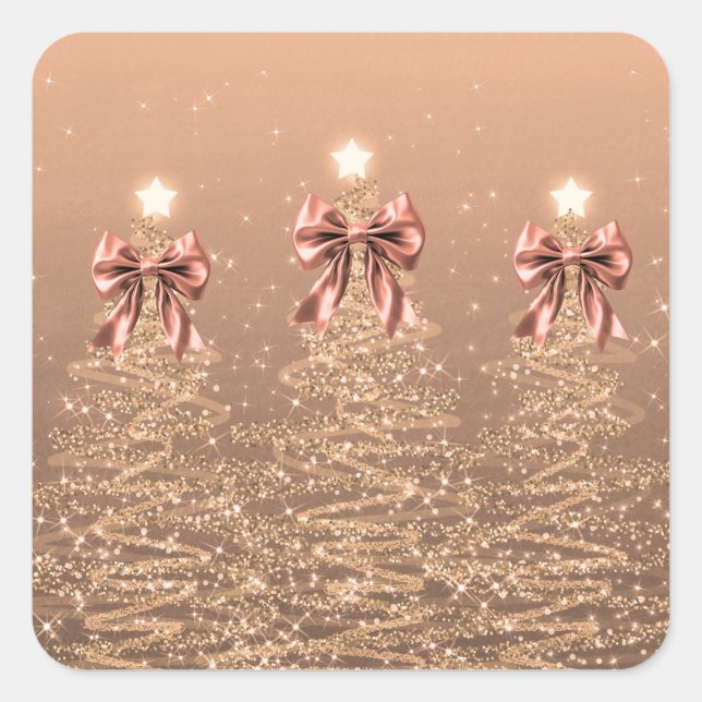 Christmas Sparkling Trees Rose Gold Faux Bow  Square Sticker (Front)