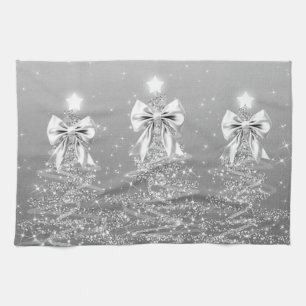 Christmas Sparkling Trees Silver Faux Bow Kitchen Towel