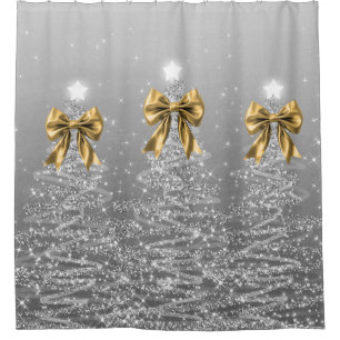 Christmas Sparkling Trees Silver Faux Gold Bow 