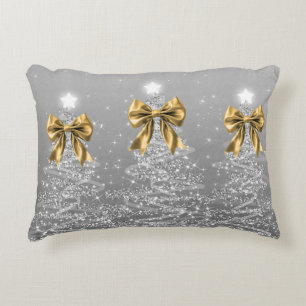 Christmas Sparkling Trees Silver Faux Gold Bow Accent Pillow