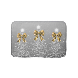 Christmas Sparkling Trees Silver Faux Gold Bow  Bath Mat