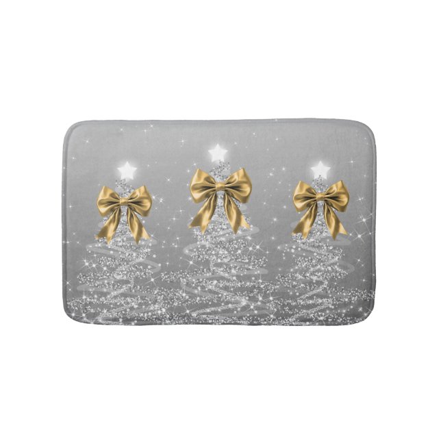 Christmas Sparkling Trees Silver Faux Gold Bow  Bath Mat (Front)