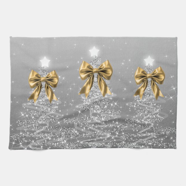 Christmas Sparkling Trees Silver Faux Gold Bow  Kitchen Towel (Horizontal)