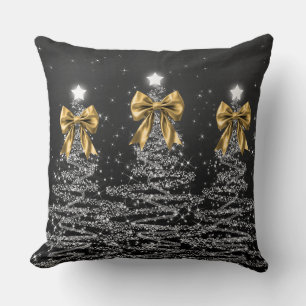 Christmas Sparkling Trees Silver Faux Gold Bow Throw Pillow