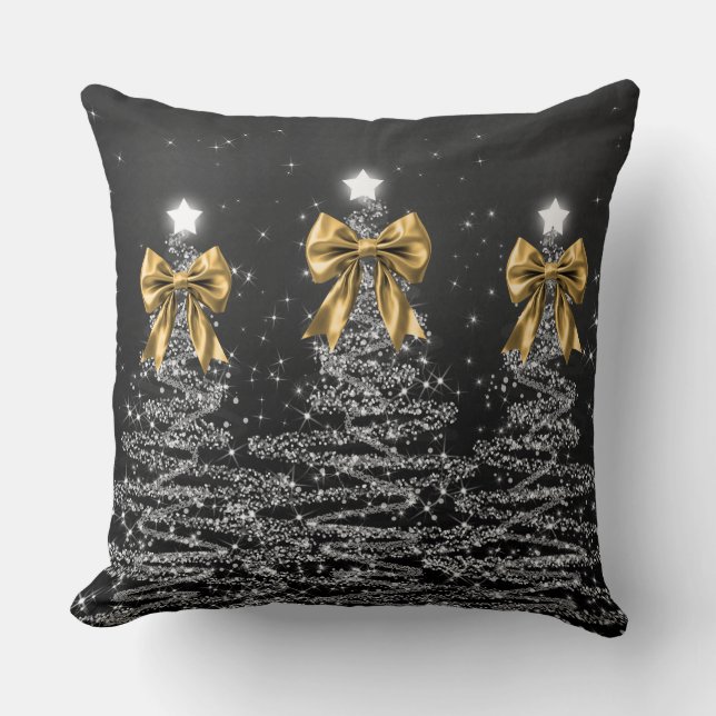 Christmas Sparkling Trees Silver Faux Gold Bow  Throw Pillow (Front)