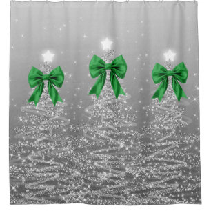 Christmas Sparkling Trees Silver Faux Green Bow 