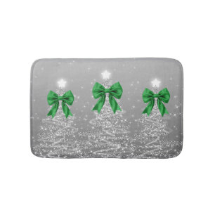 Christmas Sparkling Trees Silver Faux Green Bow  Bath Mat