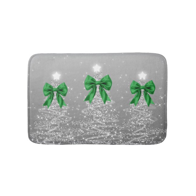 Christmas Sparkling Trees Silver Faux Green Bow  Bath Mat (Front)