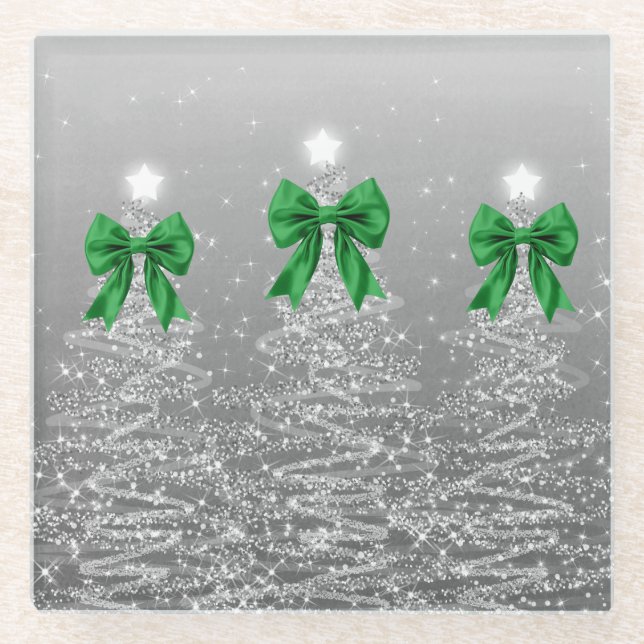 Christmas Sparkling Trees Silver Faux Green Bow  Glass Coaster (Front)