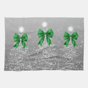 Christmas Sparkling Trees Silver Faux Green Bow Kitchen Towel